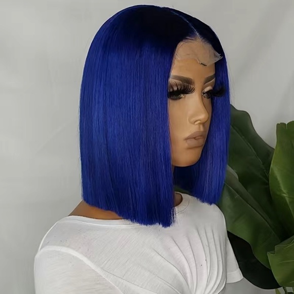 Ombre Black/DeepBlue 13x4 Lace Frontal Straight Peruvian Remy Human Hair Bob Wig - Picture 4 of 7